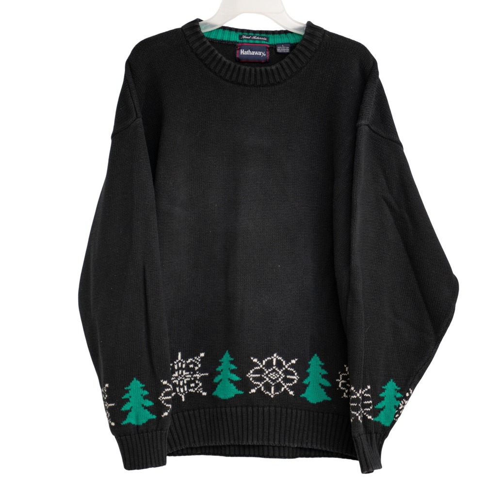 VTG Christmas Sweater Men L Black Hand Knit Festive Nordic Cabin Cozy Minimalist